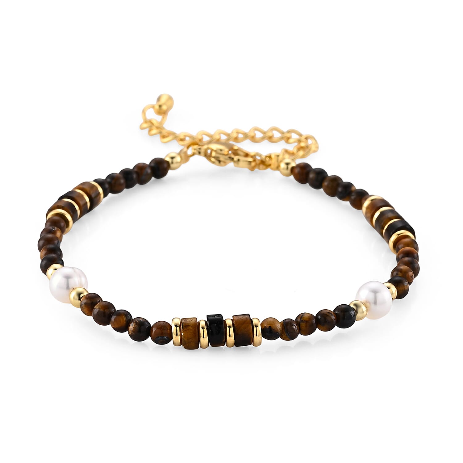 Tiger's Eye 22.00 ctw and Freshwater Pearl Bracelet in Goldtone (6.50-8.50In)
