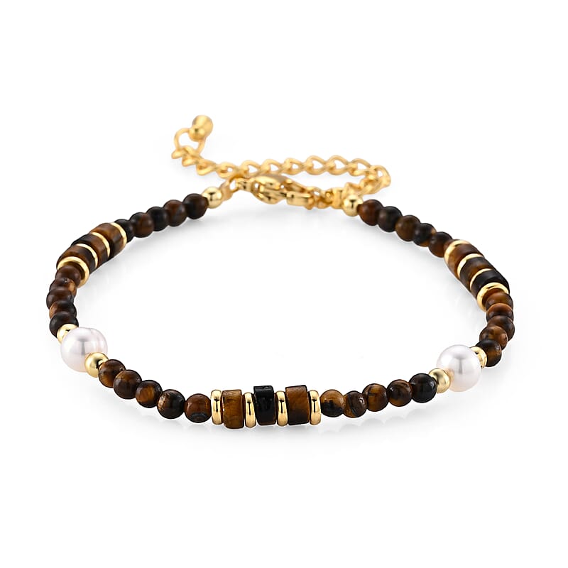 Tiger's Eye 22.00 ctw and Freshwater Pearl Bracelet in Goldtone (6.50-8.50In)