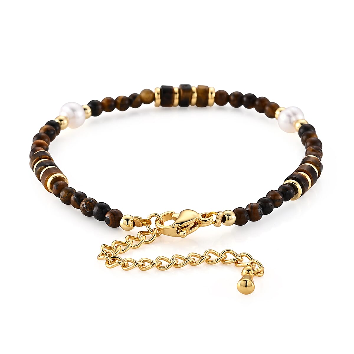 Tiger's Eye 22.00 ctw and Freshwater Pearl Bracelet in Goldtone (6.50-8.50In) image number 2