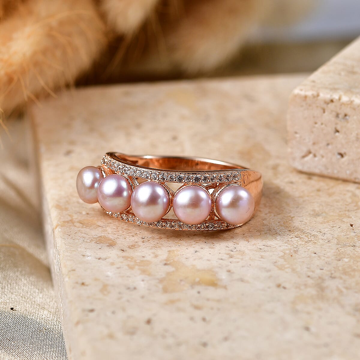 EverTrue Pink Freshwater Pearl and White Zircon 0.40 ctw Pearl Rhythm Ring in 18K RG Plated (Size 10.0) image number 1