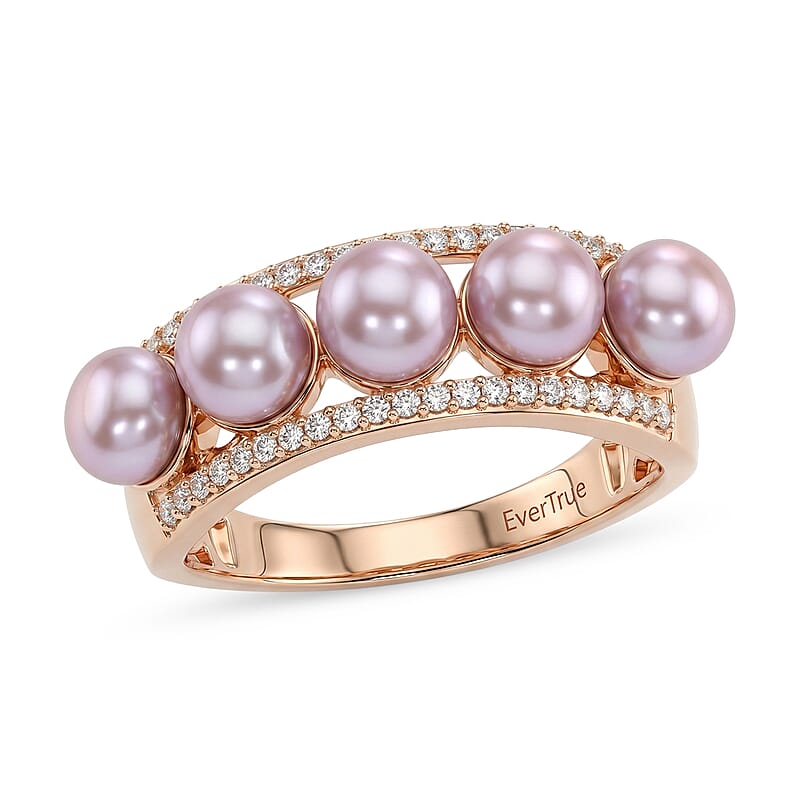 EverTrue Pink Freshwater Pearl and White Zircon 0.40 ctw Pearl Rhythm Ring in 18K RG Plated (Size 5.0)