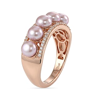 EverTrue Pink Freshwater Pearl and White Zircon 0.40 ctw Pearl Rhythm Ring in 18K RG Plated (Size 5.0)