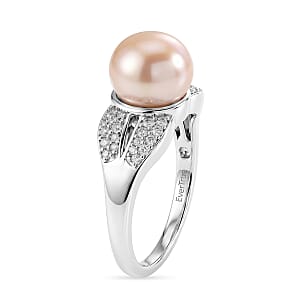 EverTrue Pink Freshwater Pearl and White Zircon 0.35 ctw Embrace Ring in Platinum Bond (Size 11.0)