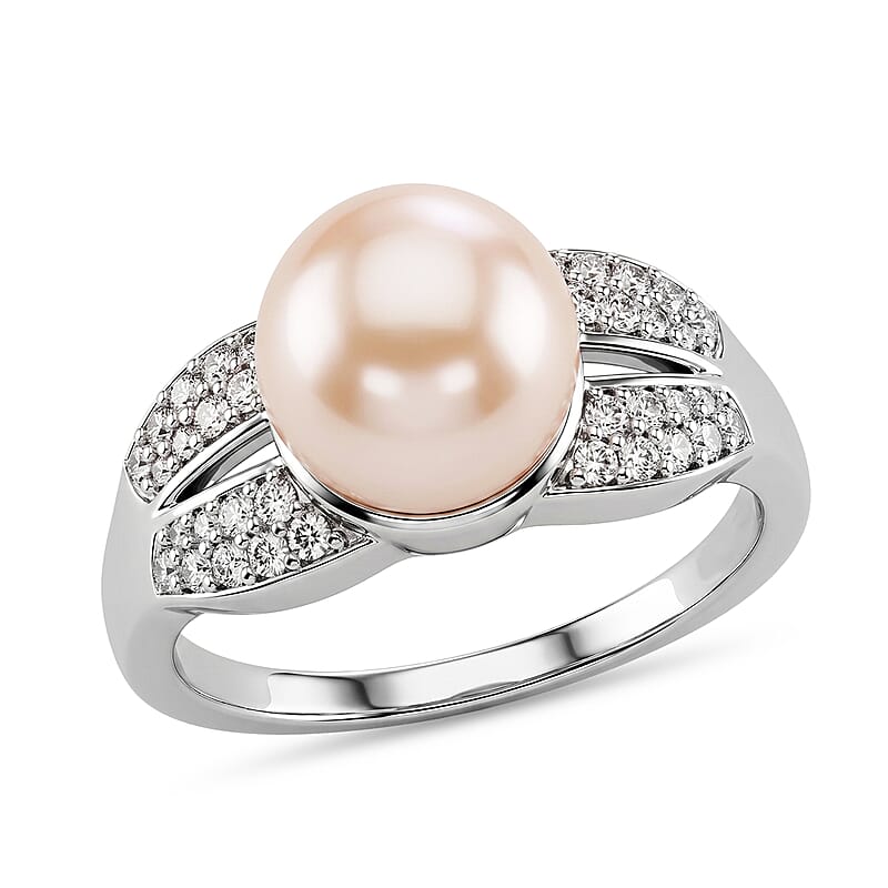 EverTrue Pink Freshwater Pearl and White Zircon 0.35 ctw Embrace Ring in Platinum Bond (Size 5.0)