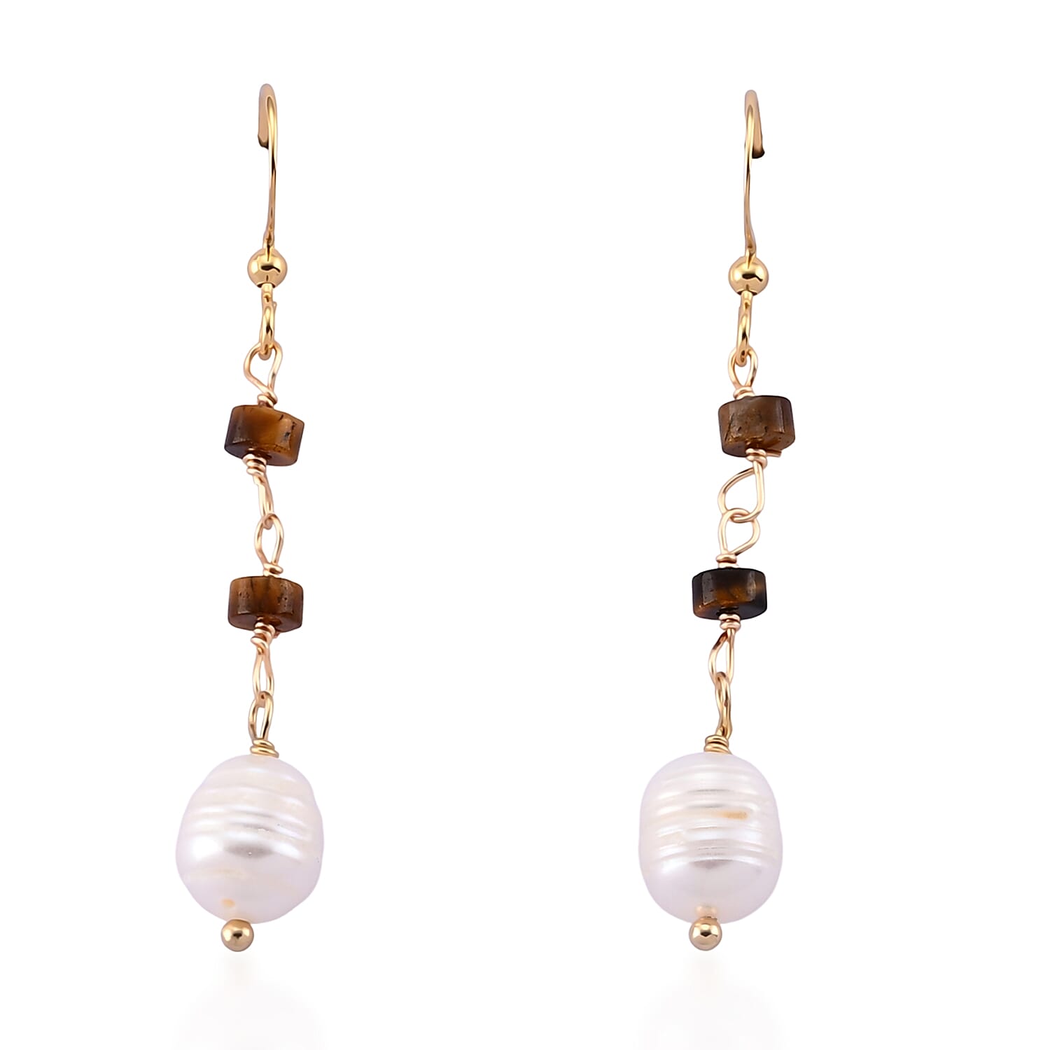 Freshwater Pearl and Tiger's Eye 0.10 ctw Earrings in Goldtone