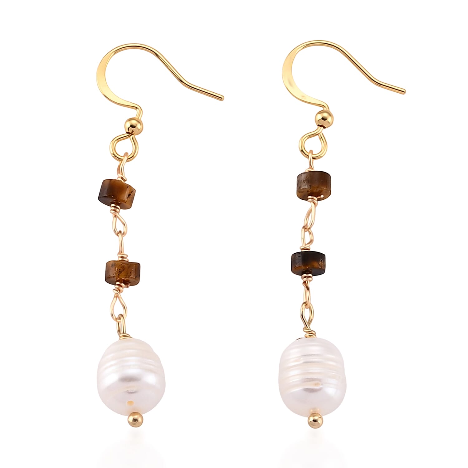 Freshwater Pearl and Tiger's Eye 0.10 ctw Earrings in Goldtone