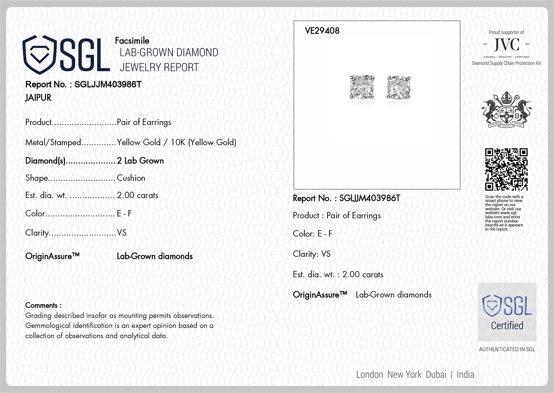 Doorbuster SGL Certified Luxuriant Lab Grown Diamond E-F VS 2.00 ctw Solitaire Stud Earrings in 10K Yellow Gold