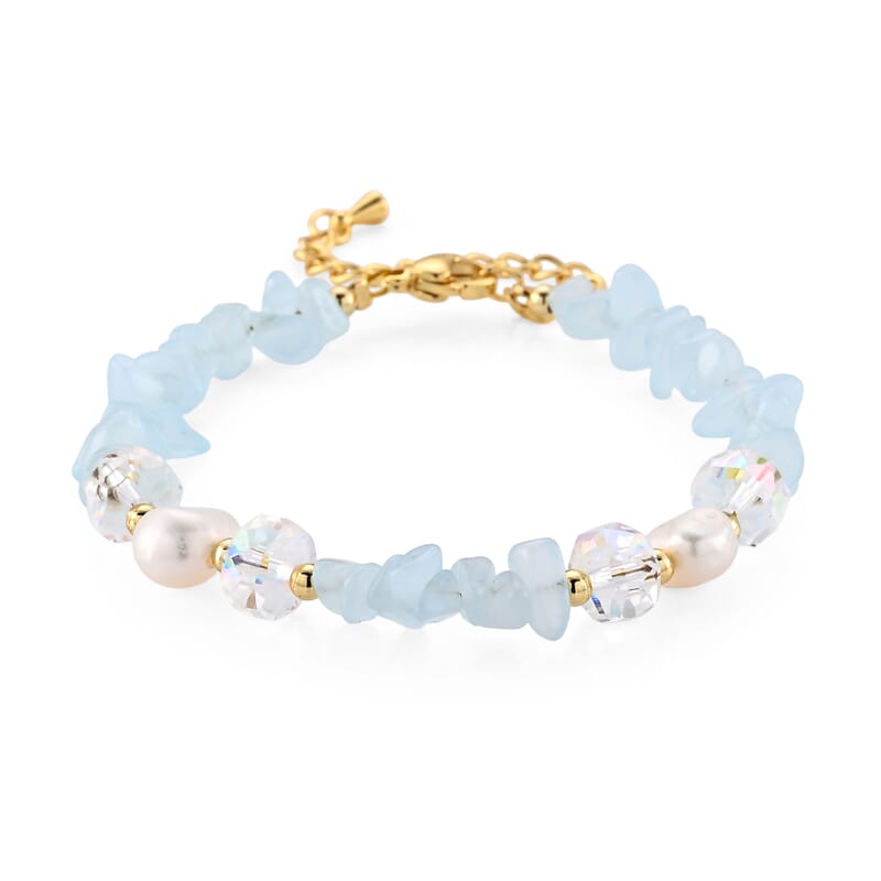Blue Aventurine 35.00 ctw and Freshwater Pearl Bracelet in Goldtone (6.5-8.5In)