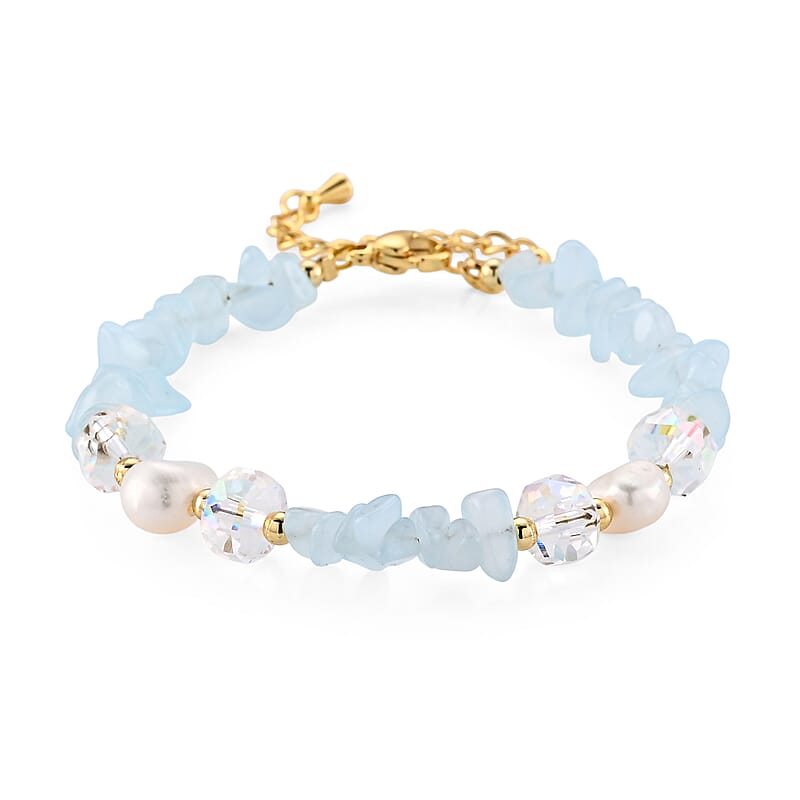 Blue Aventurine 35.00 ctw and Freshwater Pearl Bracelet in Goldtone (6.5-8.5In)