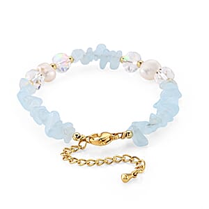 Blue Aventurine 35.00 ctw and Freshwater Pearl Bracelet in Goldtone (6.5-8.5In)
