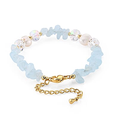 Blue Aventurine 35.00 ctw and Freshwater Pearl Bracelet in Goldtone (6.5-8.5In)