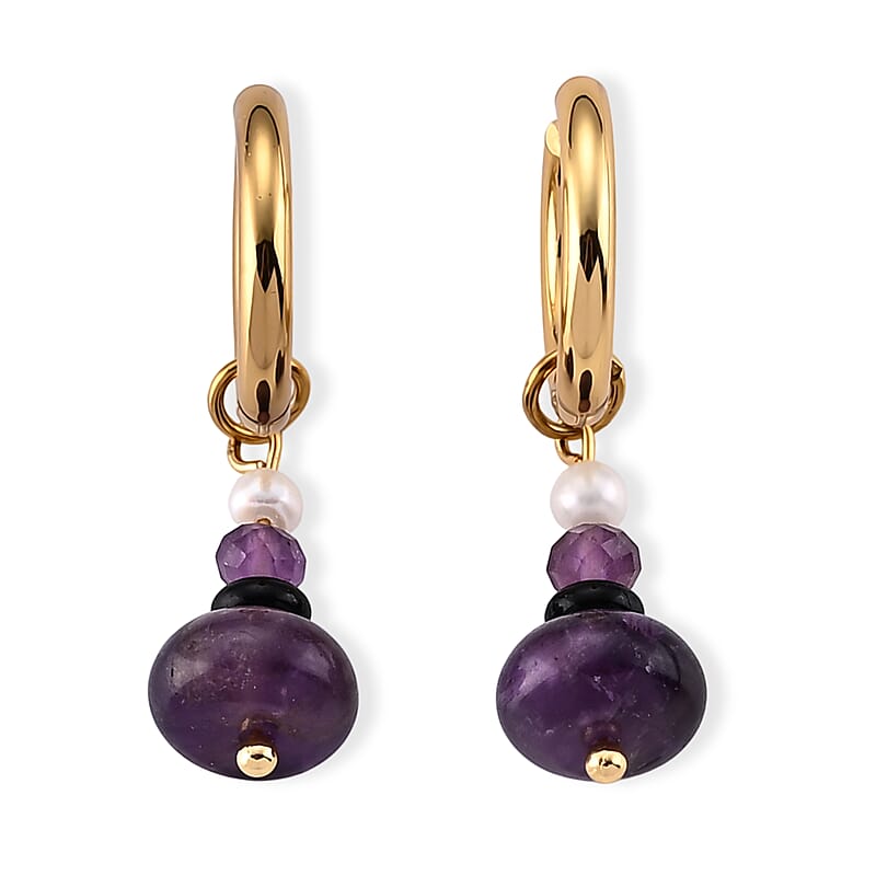 African Amethyst 10.00 ctw and Freshwater Pearl Earrings in ION Plated Yellow Gold Stainless Steel