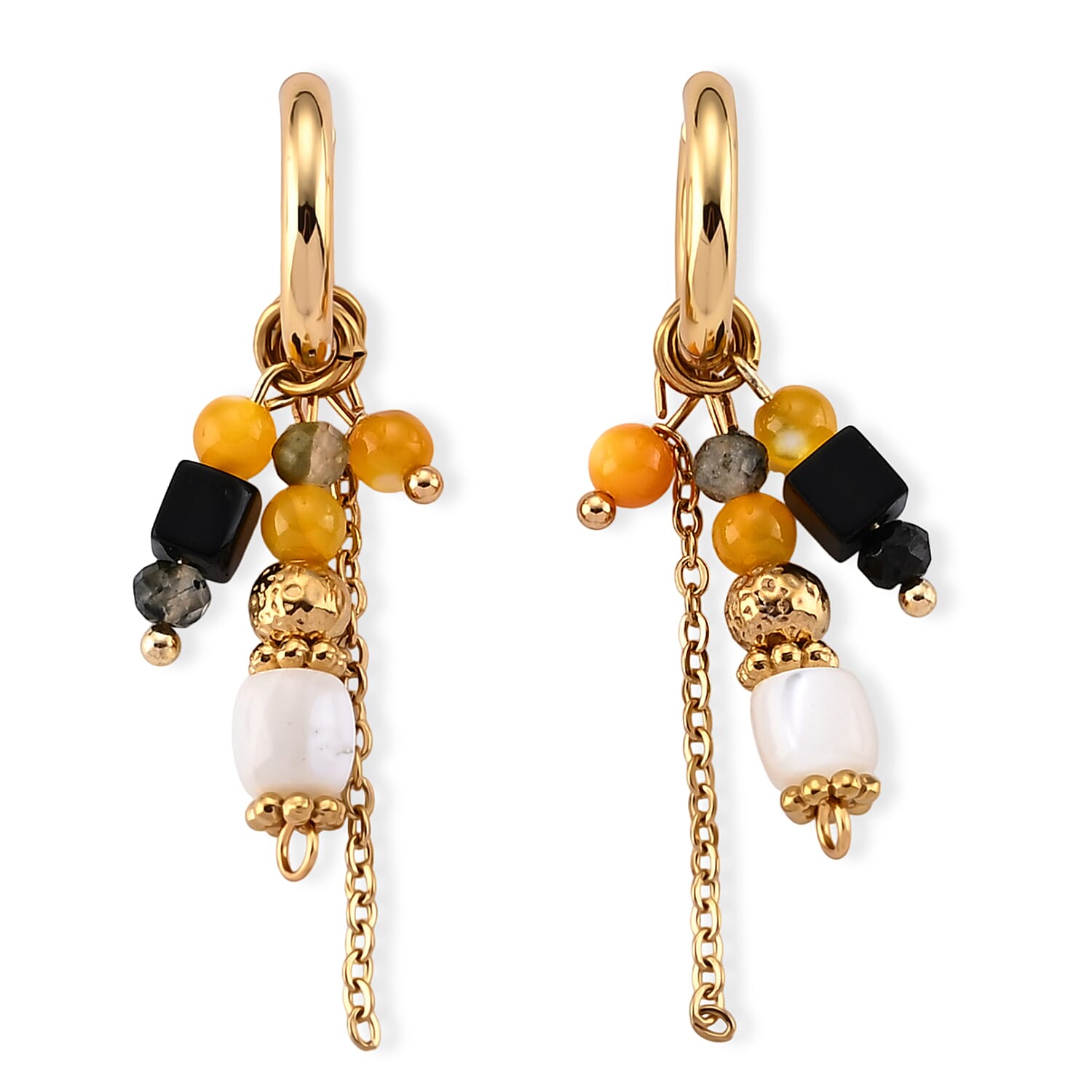 Natural Color Shell and Agate 5.00 ctw Beaded Earrings in ION Plated YG Stainless Steel