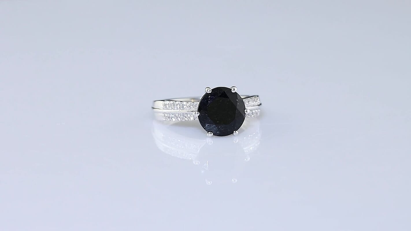 D''Joy Australian Black Tourmaline, White Zircon Ring in Rhodium Over Sterling Silver (Size 7.0) 3.10 ctw