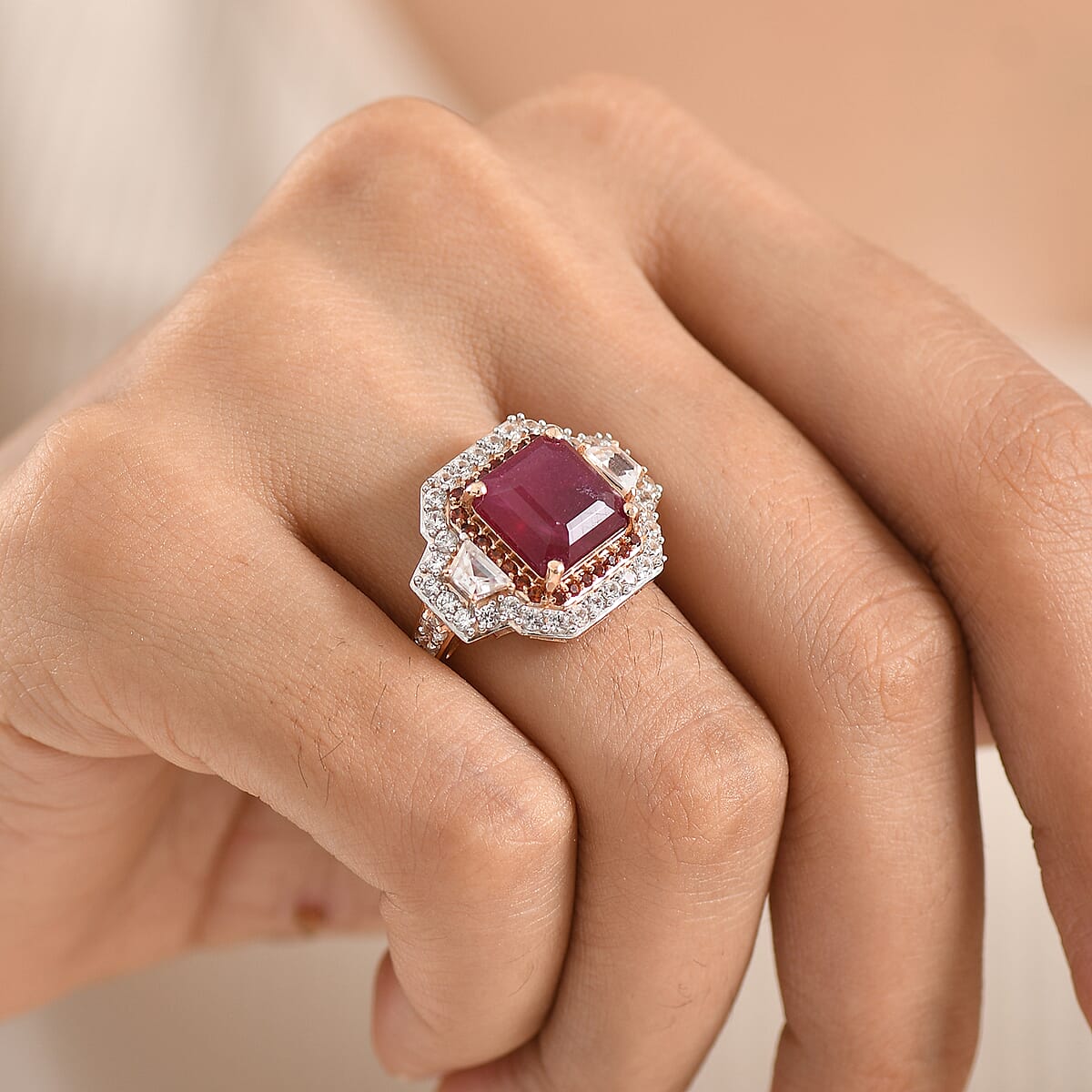 D'Joy Asscher Cut Premium Niassa Ruby (FF), White and Champagne Zircon Halo Ring in 18K Vermeil RG Over Sterling Silver (Size 10.0) 10.10 ctw image number 2