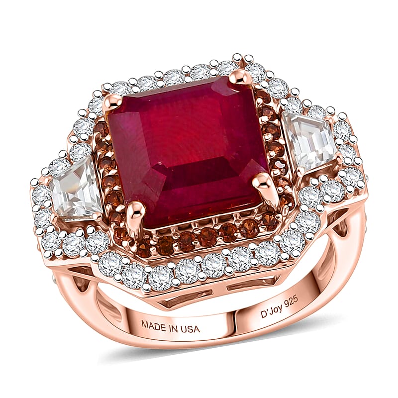 D'Joy Asscher Cut Premium Niassa Ruby (FF), White and Champagne Zircon 10.10 ctw Majestic Scarlet Halo Ring in 18K Vermeil Rose Gold Over Sterling Silver (Size 6.0)