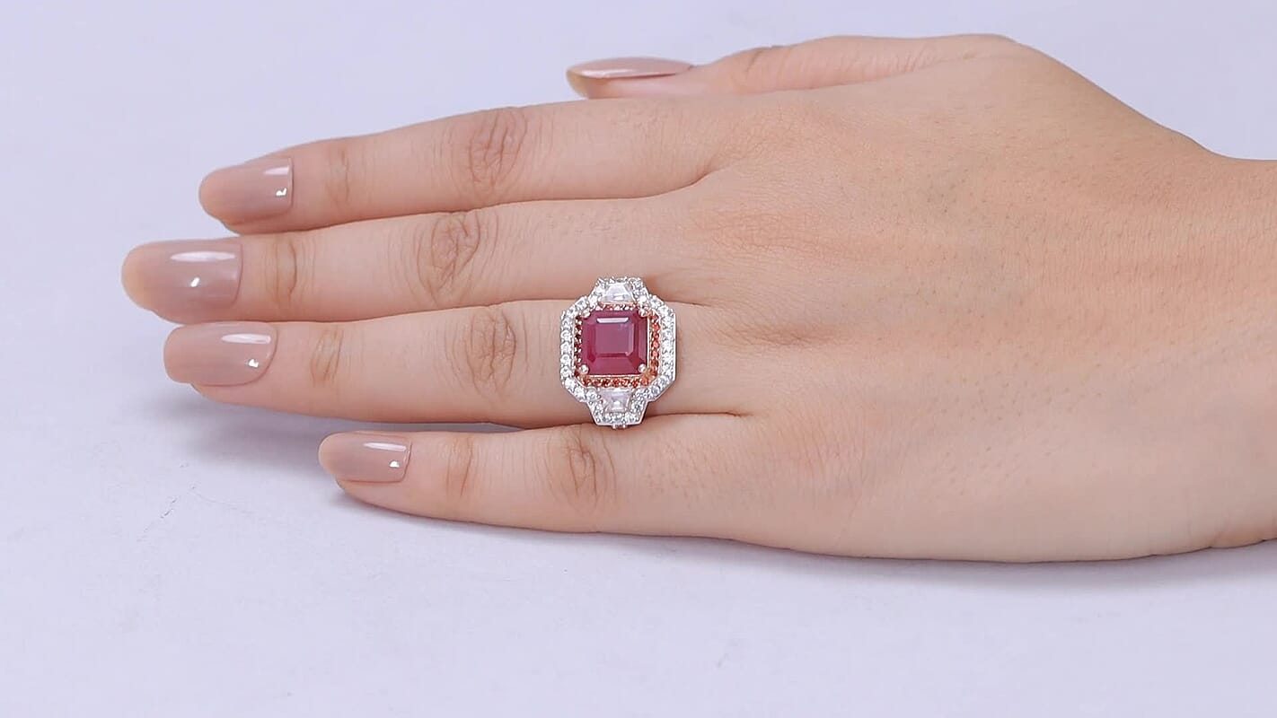 D'Joy Asscher Cut Premium Niassa Ruby (FF), White and Champagne Zircon Halo Ring in 18K Vermeil RG Over Sterling Silver (Size 10.0) 10.10 ctw