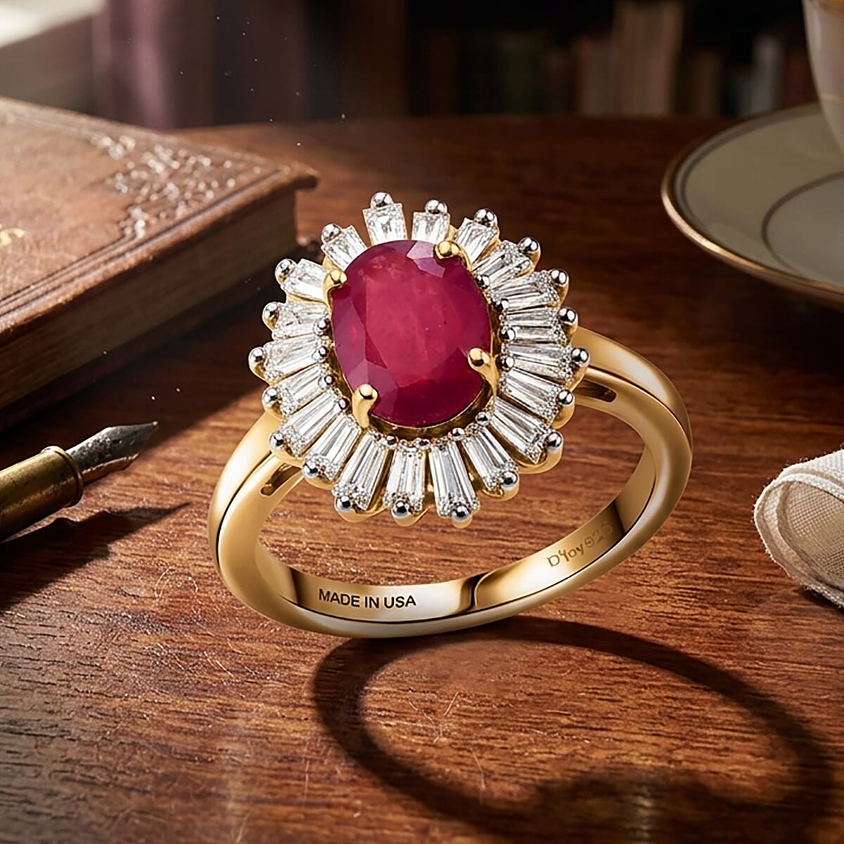 D'Joy Premium Niassa Ruby (FF) and Moissanite 2.60 ctw Royal Starburst Ring in 18K Vermeil Yellow Gold Over Sterling Silver (Size 6.0) image number 1