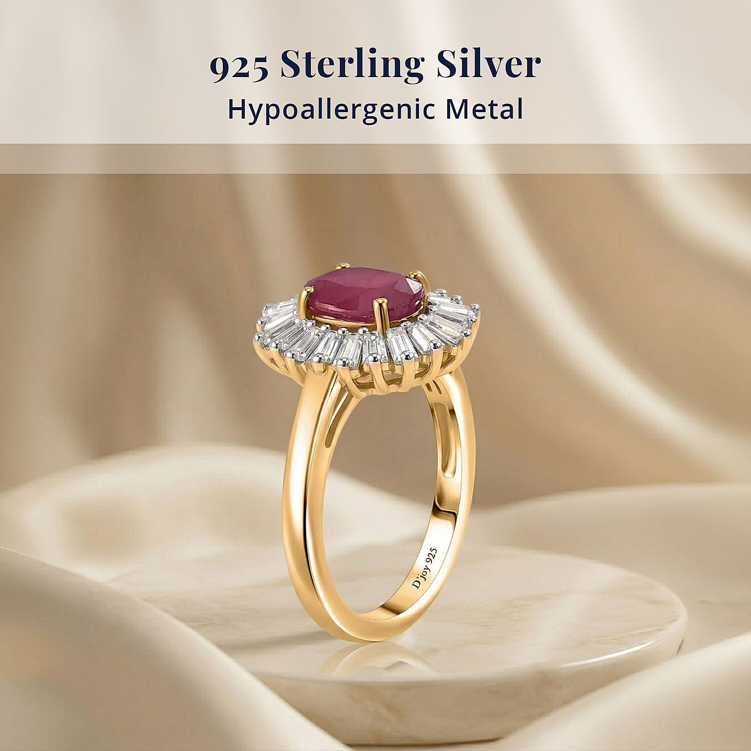 D'Joy Premium Niassa Ruby (FF) and Moissanite 2.60 ctw Royal Starburst Ring in 18K Vermeil Yellow Gold Over Sterling Silver (Size 7.0)