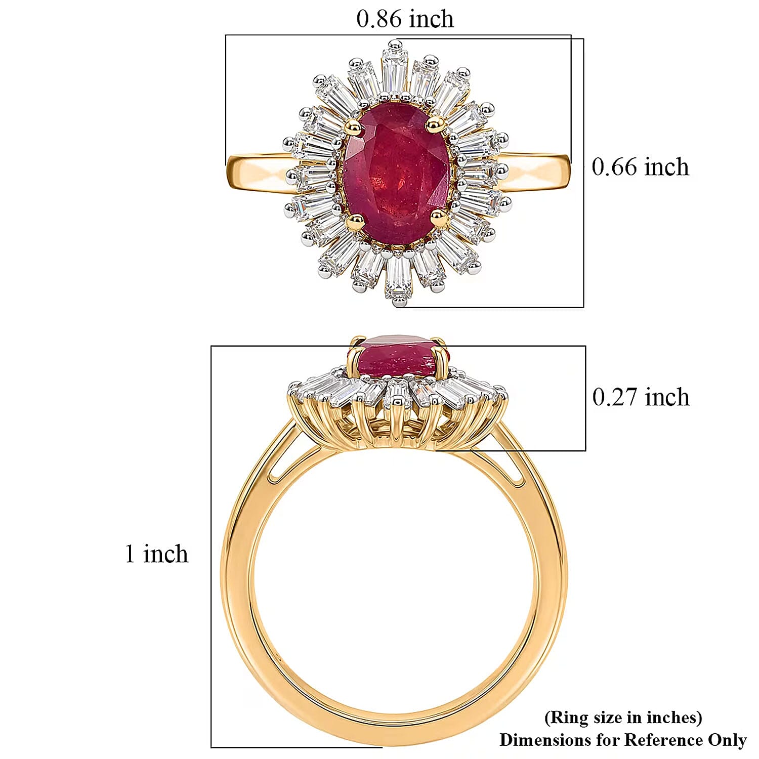 D'Joy Premium Niassa Ruby (FF) and Moissanite 2.60 ctw Royal Starburst Ring in 18K Vermeil Yellow Gold Over Sterling Silver (Size 7.0)