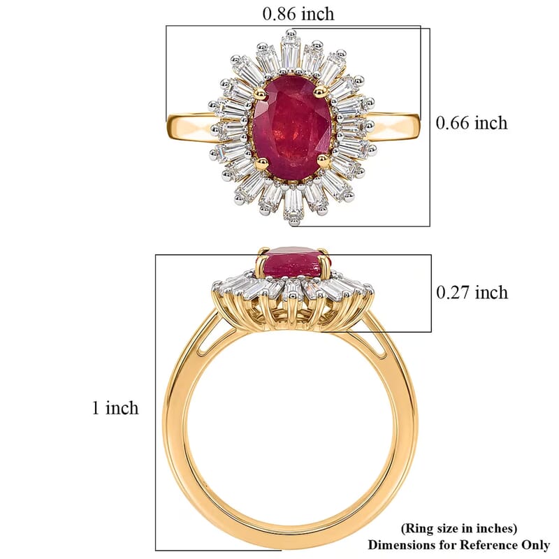 D'Joy Premium Niassa Ruby (FF) and Moissanite 2.60 ctw Royal Starburst Ring in 18K Vermeil Yellow Gold Over Sterling Silver (Size 7.0)