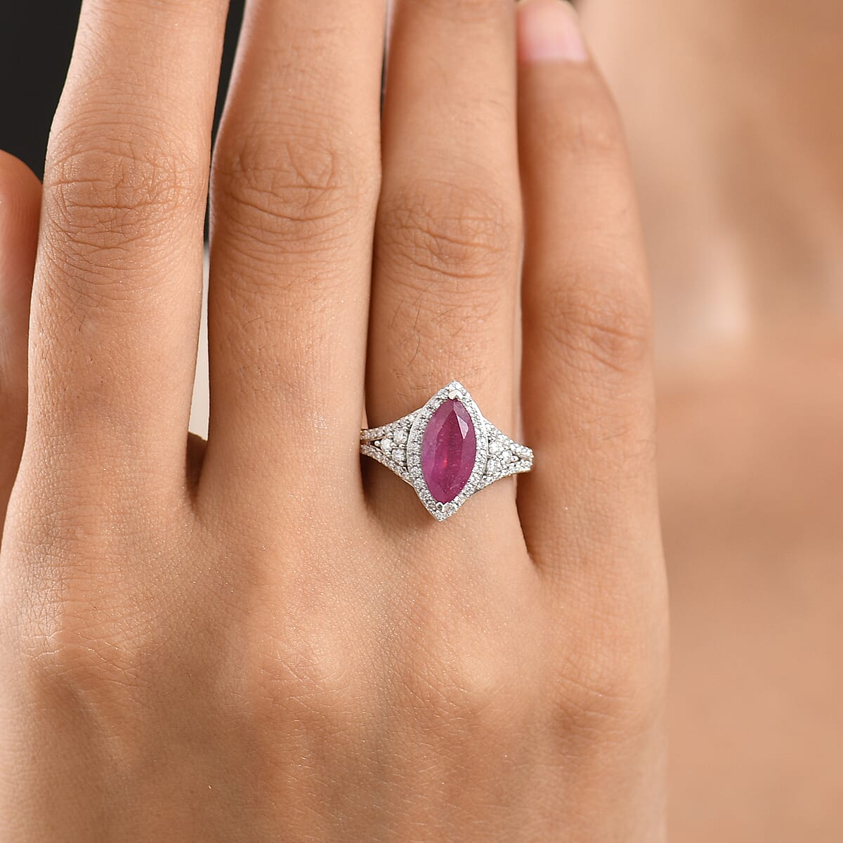 D'Joy Niassa Ruby (FF) and Moissanite 3.00 ctw Scarlet Throne Ring in Rhodium Over Sterling Silver (Size 10.0) image number 2