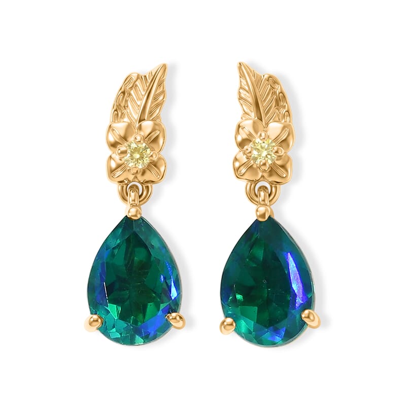 EverTrue Peacock Quartz (Triplet) and Hebei Peridot 4.50 ctw Royal Blossom Feather Earring in 18K YG Plated
