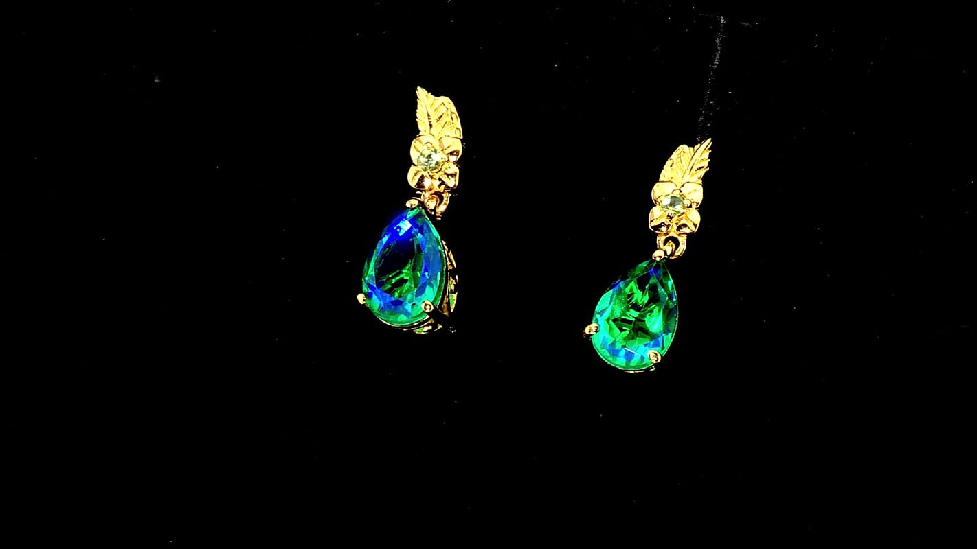 EverTrue Peacock Quartz, Hebei Peridot Royal Blossom Feather Earring in 18K YG Plated 4.50 ctw