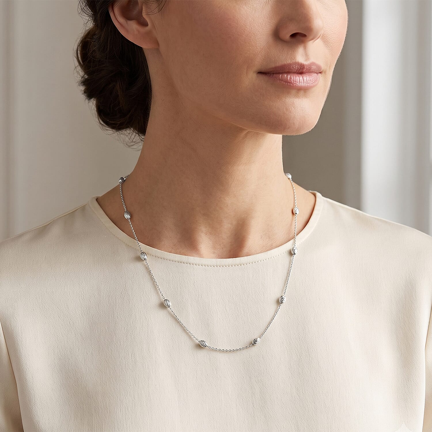 Italian 0.5mm Station Oval Typhoon Necklace in Rhodium Over Sterling Silver 18 Inches 3.27 Grams