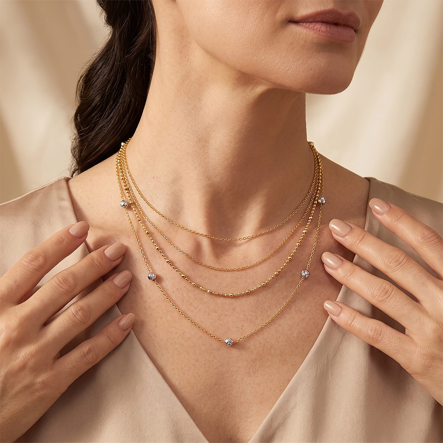 Italian 0.5mm Station Round Jianzi Necklace in 14K Yellow Gold Over and Sterling Silver 18 Inches 3.27 Grams