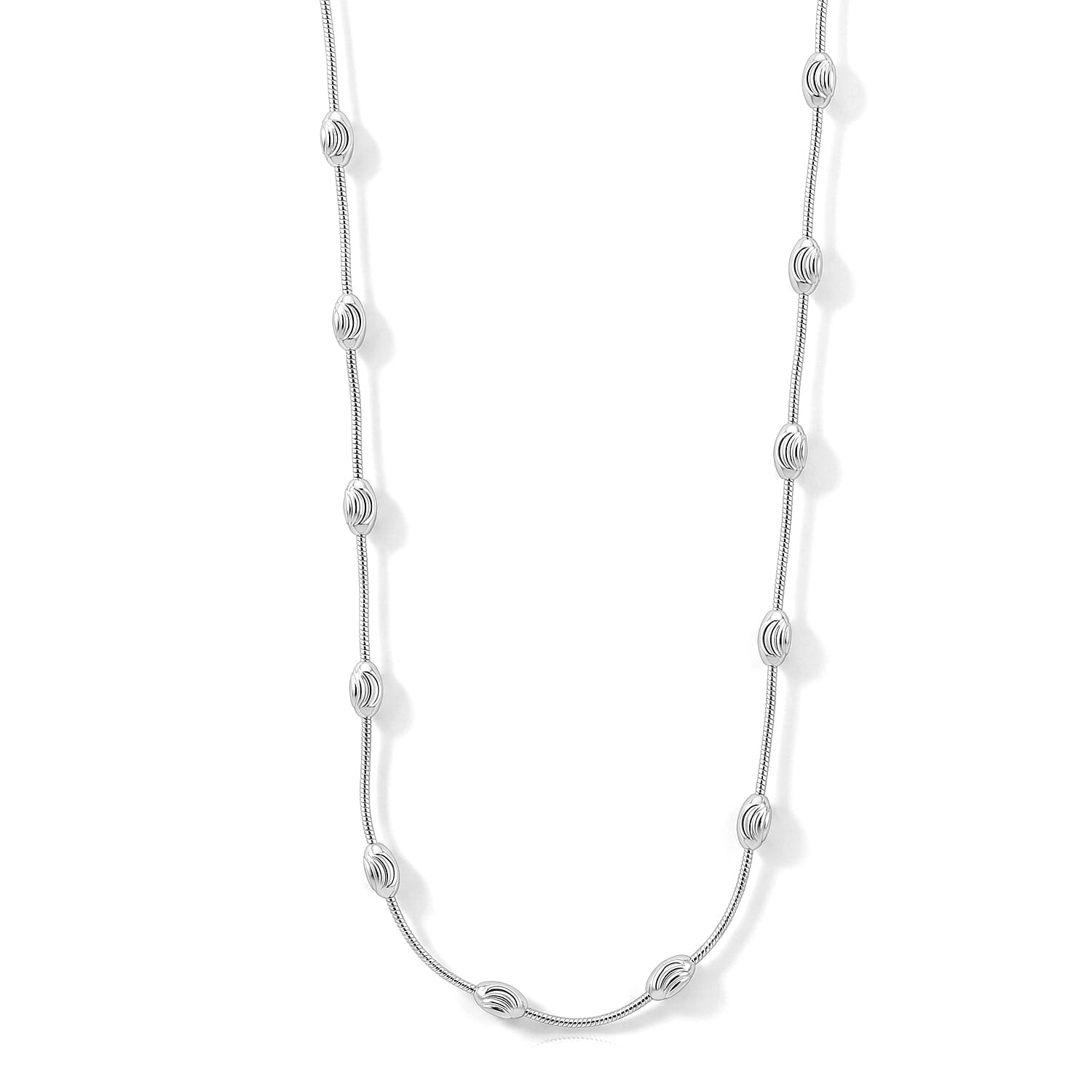 Italian 0.6mm Round Snake and Station Moon Necklace in Rhodium Over Sterling Silver 18 Inches 6.51 Grams