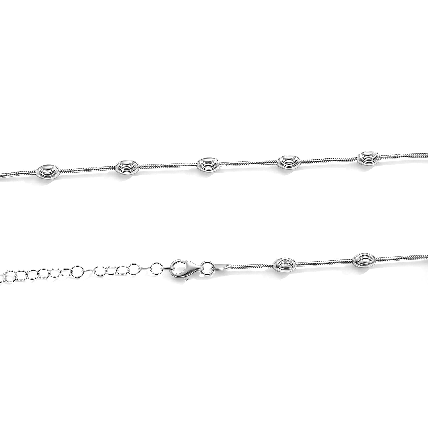 Italian 0.6mm Round Snake and Station Moon Necklace in Rhodium Over Sterling Silver 18 Inches 6.51 Grams