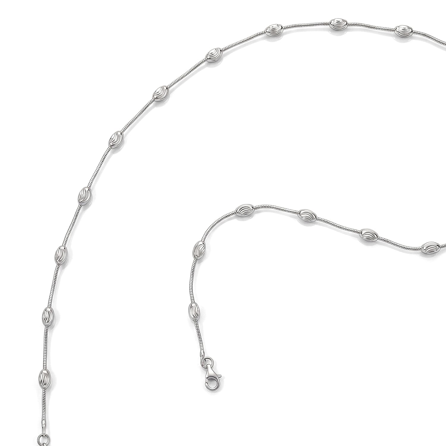 Italian 0.6mm Round Snake and Station Moon Necklace in Rhodium Over Sterling Silver 18 Inches 6.51 Grams