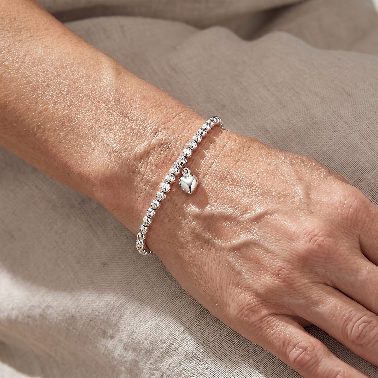 Italian 0.6mm New Strech Chain Bracelet with Charm in Rhodium Over Sterling Silver 5 Grams