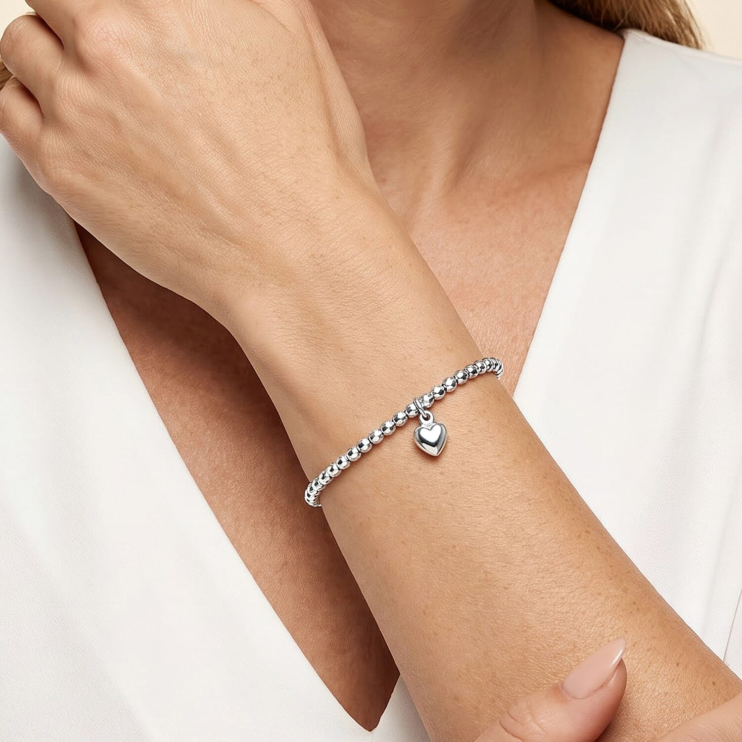Italian 0.6mm New Strech Chain Bracelet with Charm in Rhodium Over Sterling Silver 5 Grams