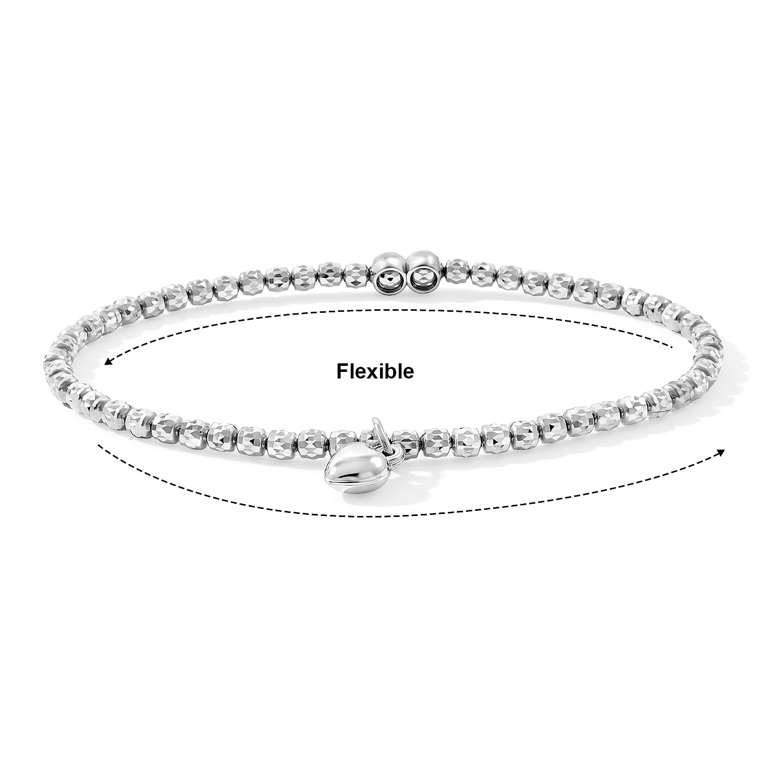 Italian 0.6mm New Strech Chain Bracelet with Charm in Rhodium Over Sterling Silver 5 Grams