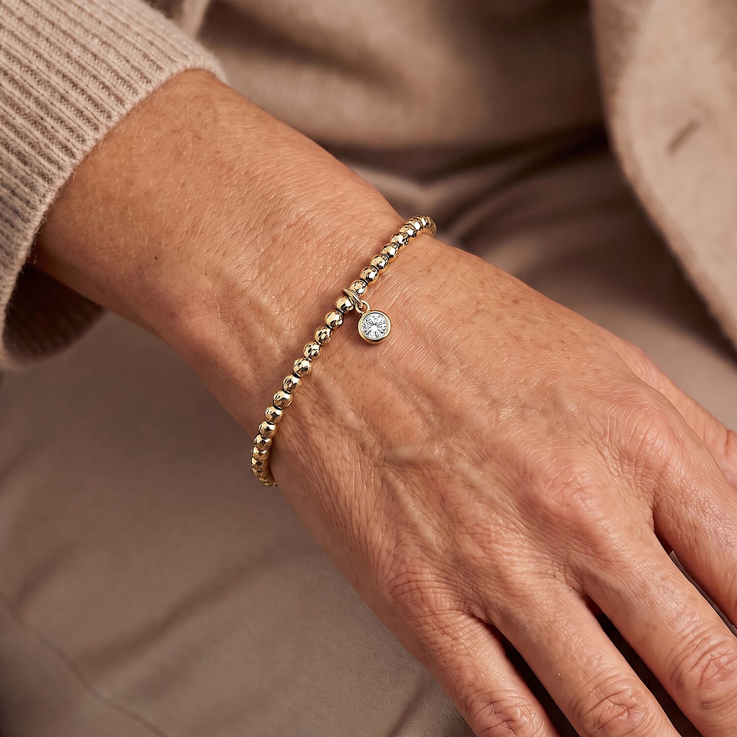 Italian 0.6mm New Strech Chain Bracelet with Charm in 14K Yellow Gold Over Sterling Silver 5 Grams
