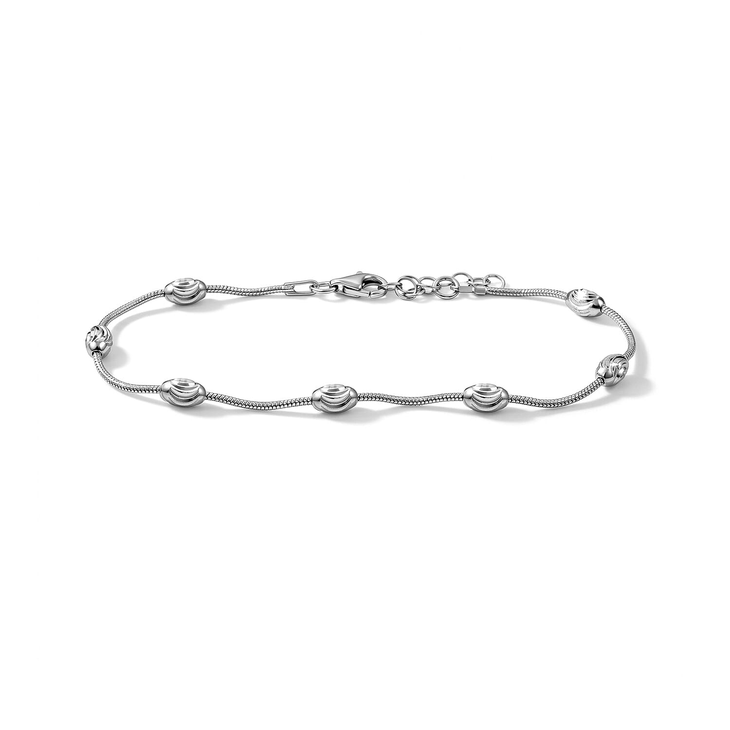 Italian 0.6mm Round Snake Station Moon Chain Bracelet in Rhodium Over Sterling Silver (7.00 In) 2.75 Grams