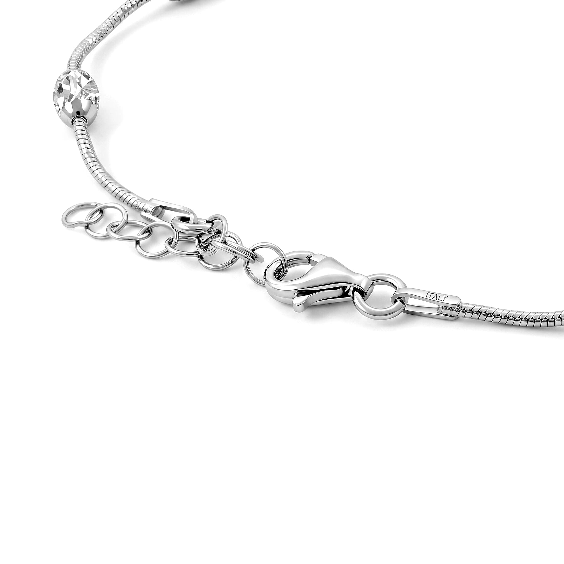 Italian 0.6mm Round Snake Station Moon Chain Bracelet in Rhodium Over Sterling Silver (7.00 In) 2.75 Grams