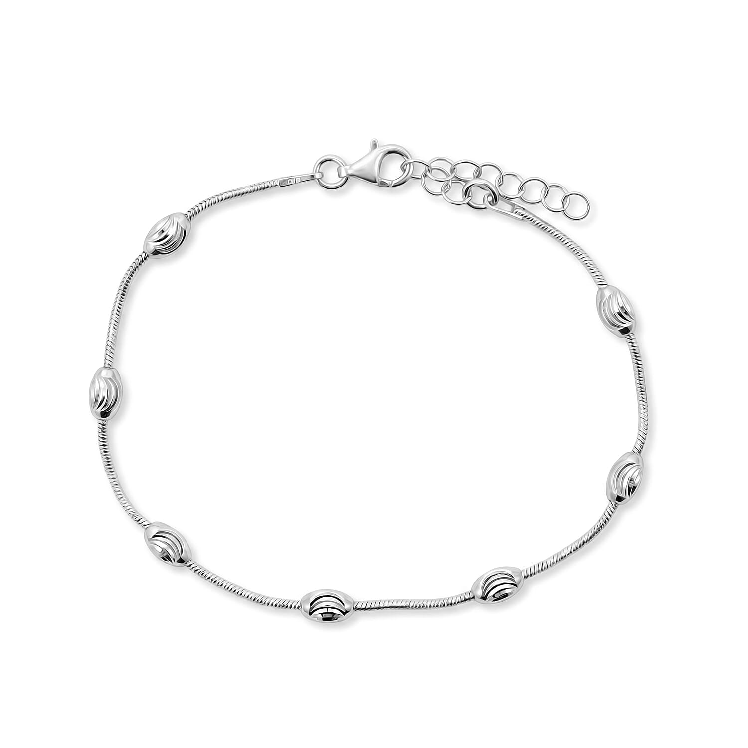 Italian 0.6mm Round Snake Station Moon Chain Bracelet in Rhodium Over Sterling Silver (7.00 In) 2.75 Grams
