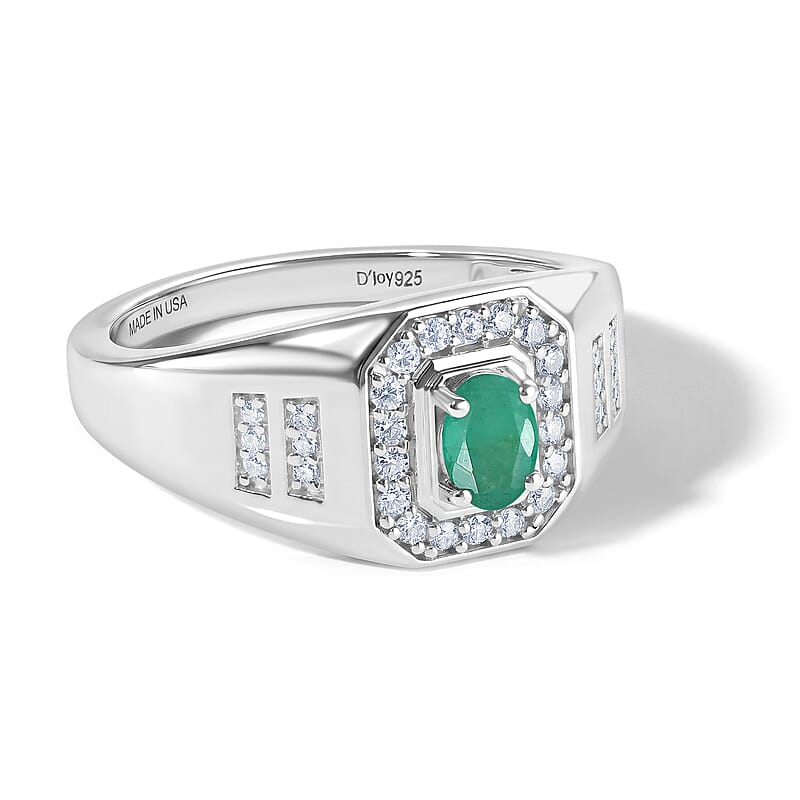 D'Joy Premium Kagem Zambian Emerald and Moissanite 0.75 ctw Men's Ring in Rhodium Over Sterling Silver (Size 10.0)
