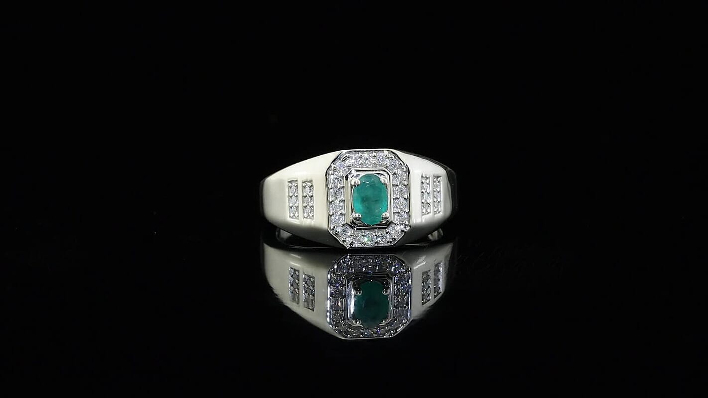D'Joy Premium Kagem Zambian Emerald, Moissanite Men's Ring in Rhodium Over Sterling Silver (Size 10.0) 0.75 ctw