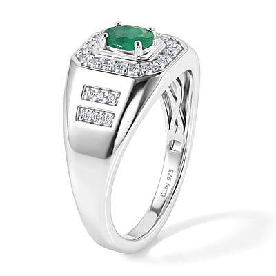 D'Joy Premium Kagem Zambian Emerald and Moissanite 0.75 ctw Men's Ring in Rhodium Over Sterling Silver (Size 10.0)