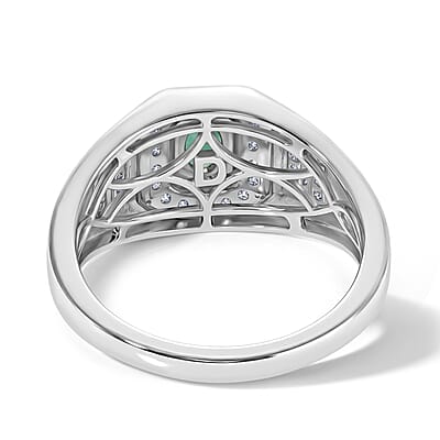 D'Joy Premium Kagem Zambian Emerald and Moissanite 0.75 ctw Men's Ring in Rhodium Over Sterling Silver (Size 10.0)