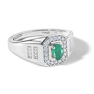 D'Joy Premium Kagem Zambian Emerald, Moissanite Men's Ring in Rhodium Over Sterling Silver (Size 10.0) 0.75 ctw