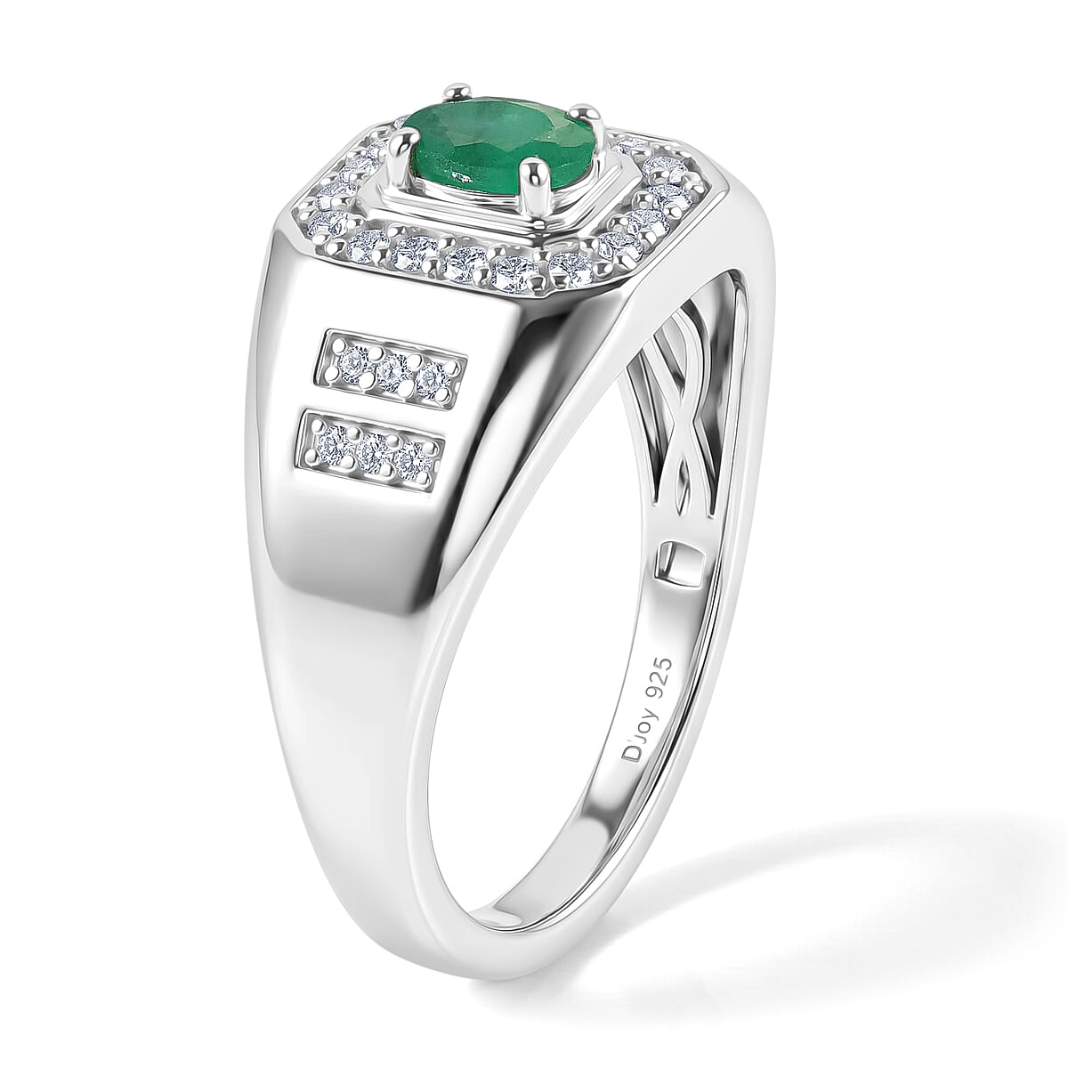 D'Joy Premium Kagem Zambian Emerald, Moissanite Men's Ring in Rhodium Over Sterling Silver (Size 10.0) 0.75 ctw image number 4