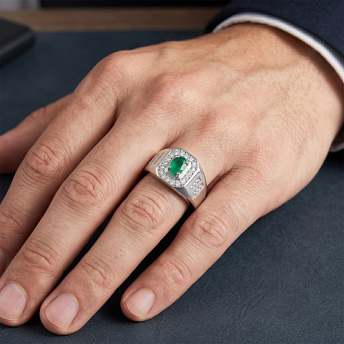 D'Joy Premium Kagem Zambian Emerald, Moissanite Men's Ring in Rhodium Over Sterling Silver (Size 10.0) 0.75 ctw image number 2