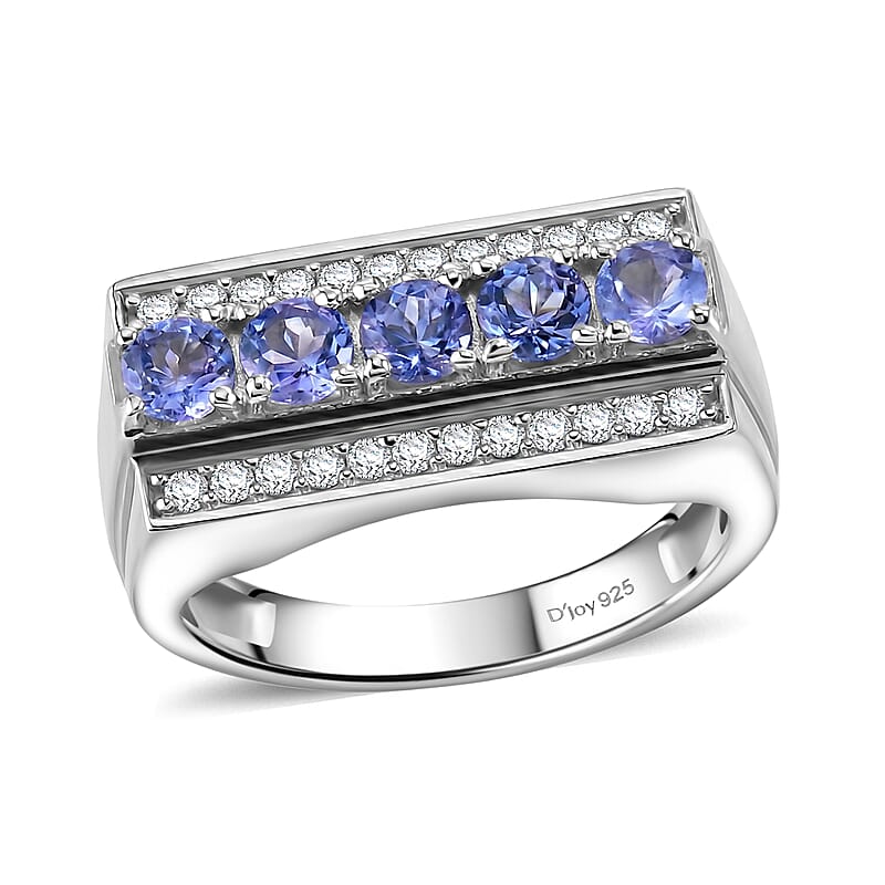 D'Joy Premium Tanzanite and White Zircon 2.00 ctw Men's Ring in Rhodium Over Sterling Silver (Size 10.0)