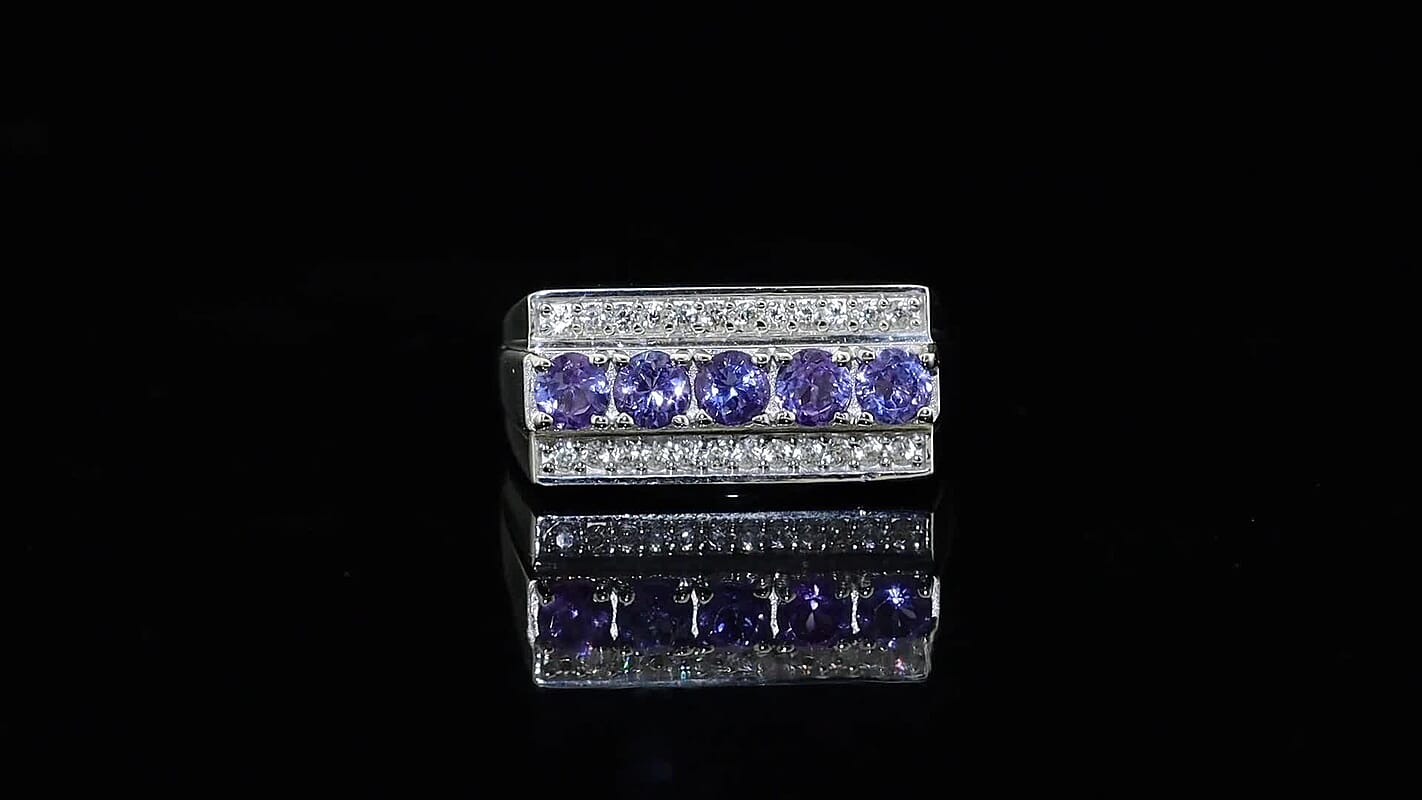D'Joy Premium Tanzanite, White Zircon Men's Ring in Rhodium Over Sterling Silver (Size 10.0) 2.00 ctw