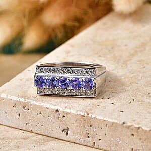 D'Joy Premium Tanzanite, White Zircon Men's Ring in Rhodium Over Sterling Silver (Size 10.0) 2.00 ctw